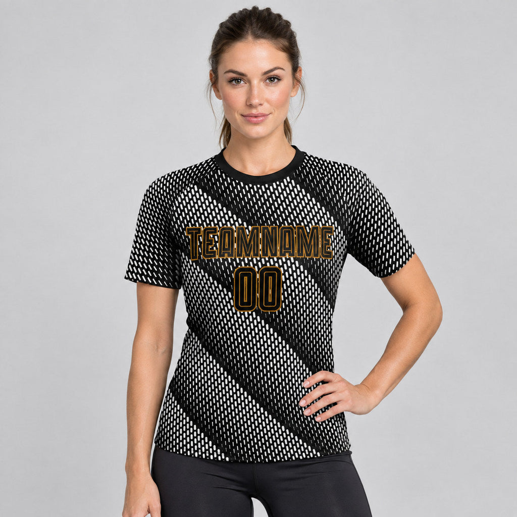 Custom Black Sublimated Soccer Jersey with Black and Old Gold Lettering Design 0005 worn by female model