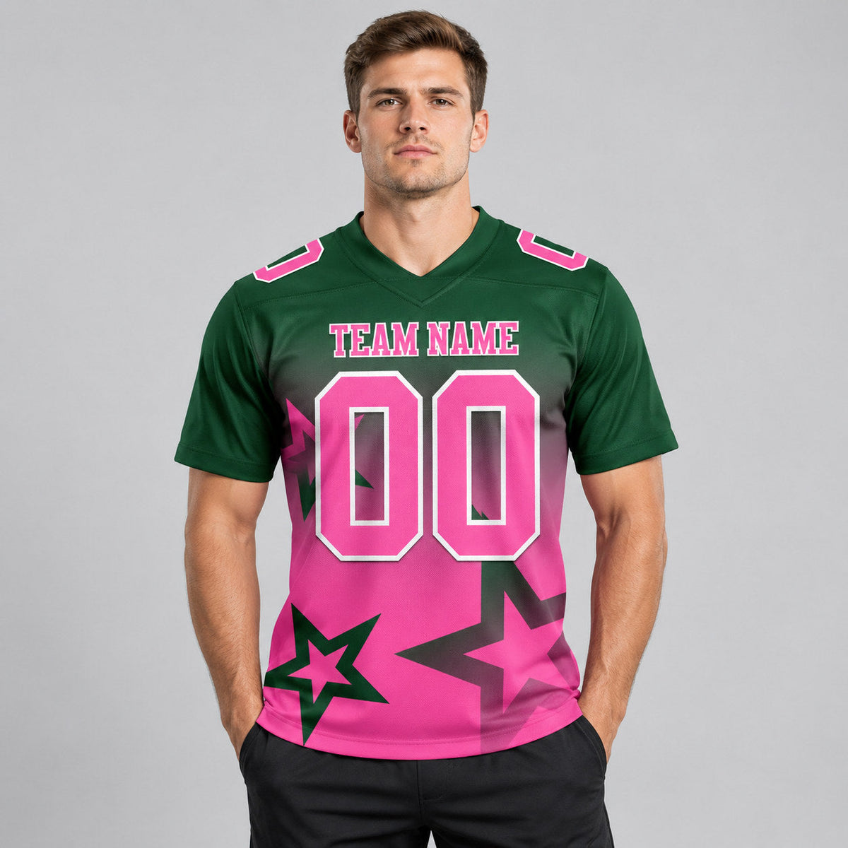Custom Green Gradient Twinkle Star Authentic Football Jersey with Pink and White Lettering worn by male model