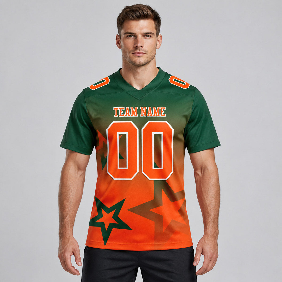 Custom Green Gradient Twinkle Star Authentic Football Jersey with Orange and White Lettering worn by male model