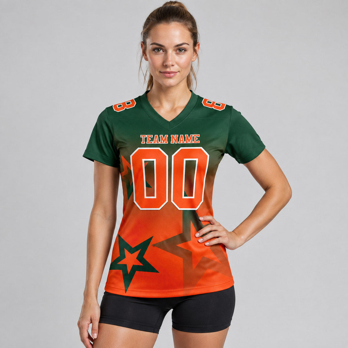 Custom Green Gradient Twinkle Star Authentic Football Jersey with Orange and White Lettering worn by female model