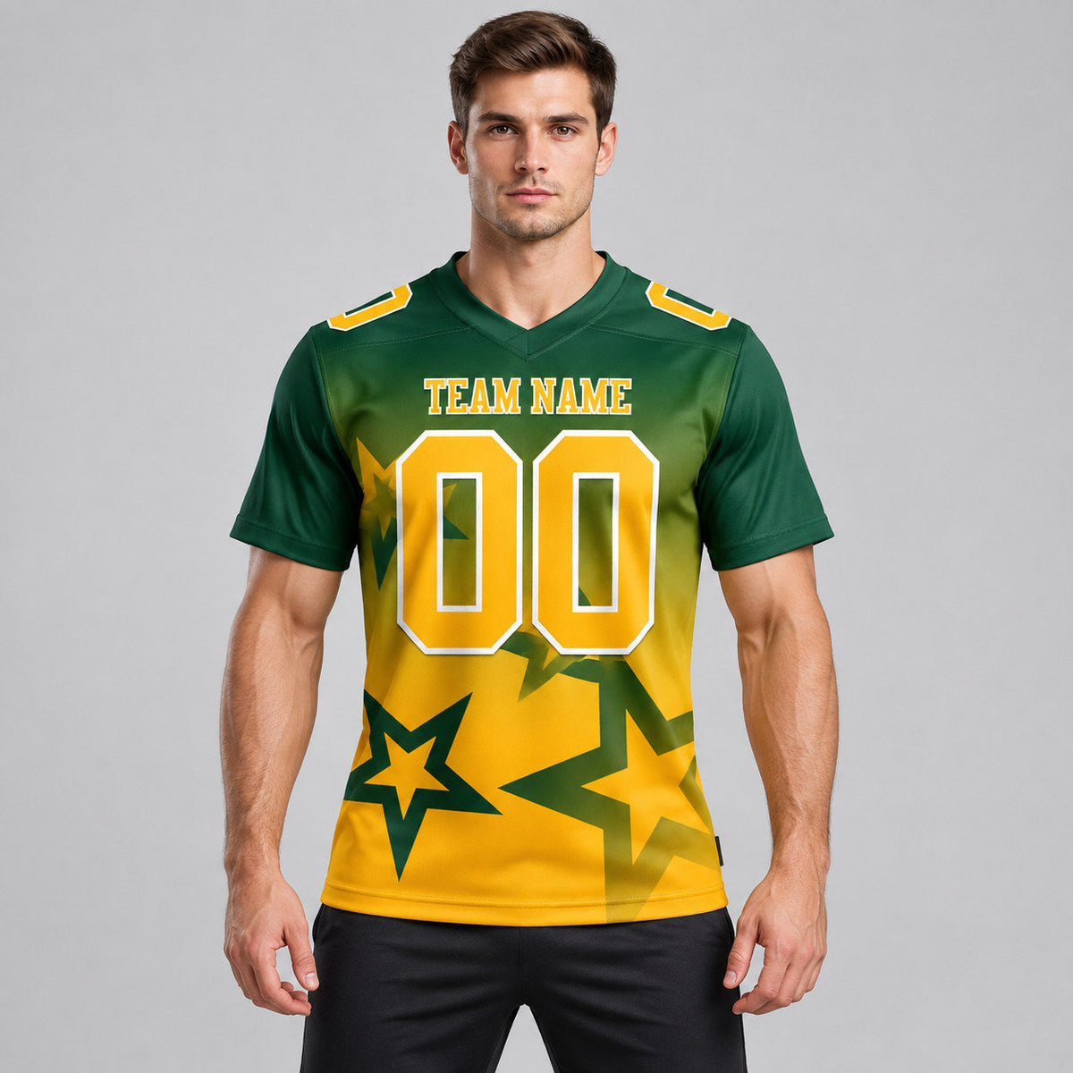 Custom Green Gradient Twinkle Star Authentic Football Jersey with Gold and White Lettering worn by male model