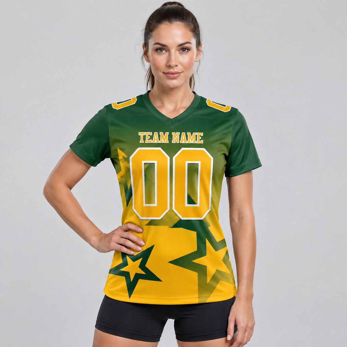Custom Green Gradient Twinkle Star Authentic Football Jersey with Gold and White Lettering worn by female model