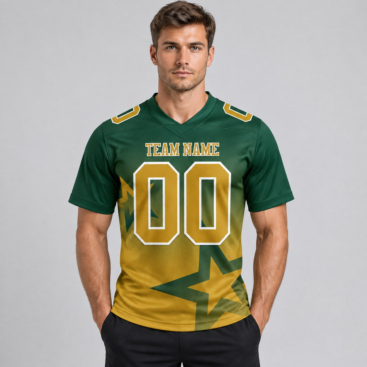 Custom Green Gradient Twinkle Star Authentic Football Jersey with Old Gold and White Lettering worn by male model