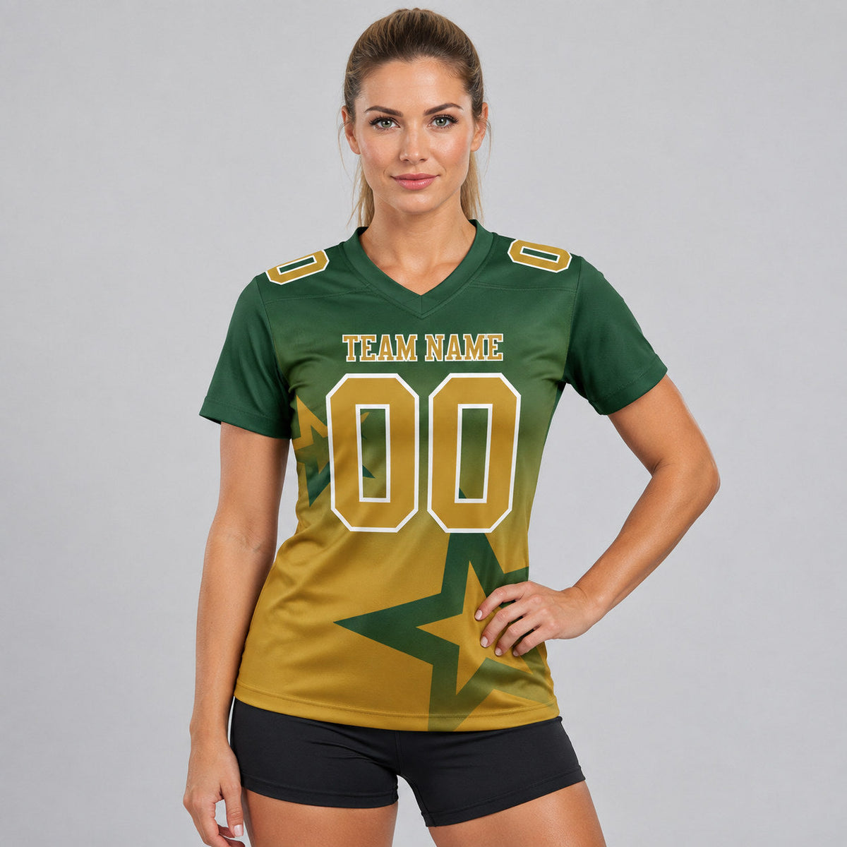 Custom Green Gradient Twinkle Star Authentic Football Jersey with Old Gold and White Lettering worn by female model
