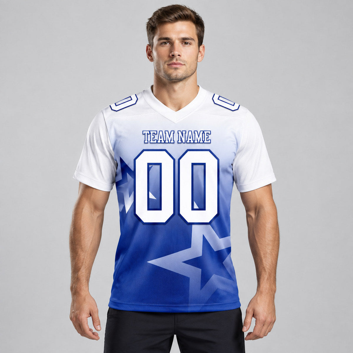 Custom White and Royal Gradient Twinkle Star Authentic Football Jersey worn by male model