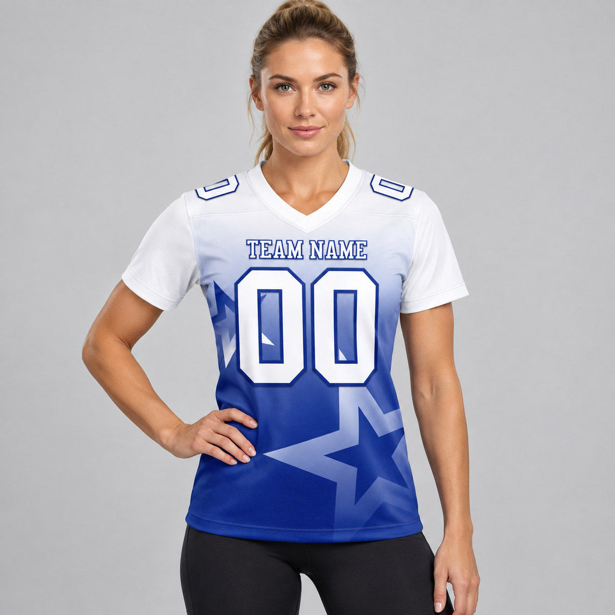 Custom White and Royal Gradient Twinkle Star Authentic Football Jersey worn by female model