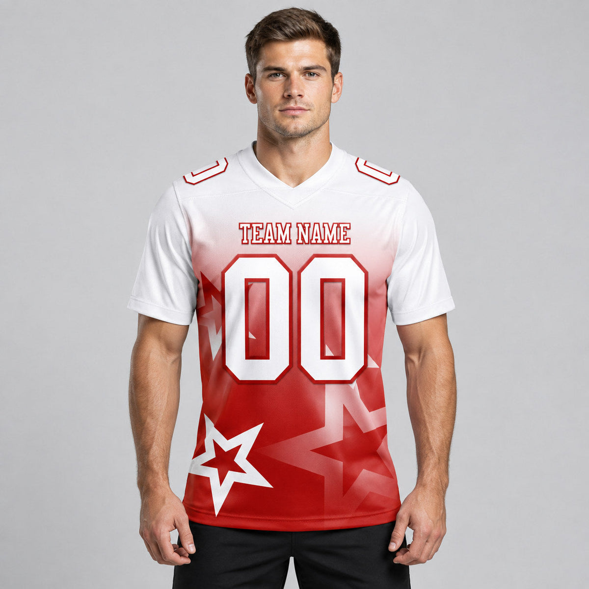 Custom White and Red Gradient Twinkle Star Authentic Football Jersey worn by male model