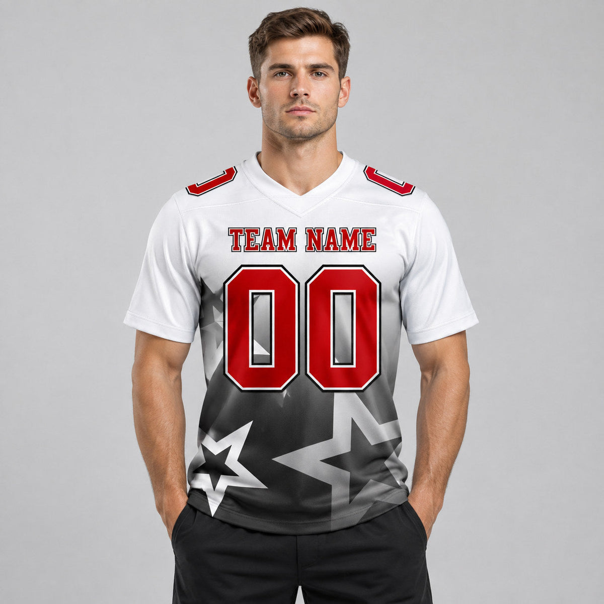 Custom White Gradient Twinkle Star Authentic Football Jersey with Red and Black Lettering worn by male model