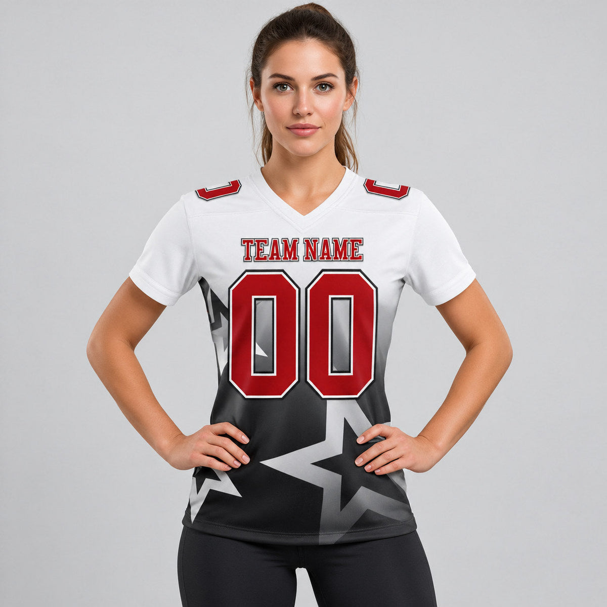 Custom White Gradient Twinkle Star Authentic Football Jersey with Red and Black Lettering worn by female model