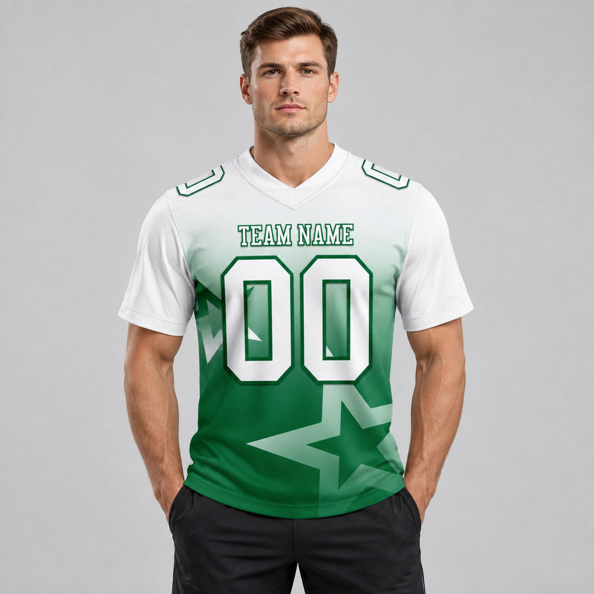 Custom White and Kelly Green Gradient Twinkle Star Authentic Football Jersey worn by male model