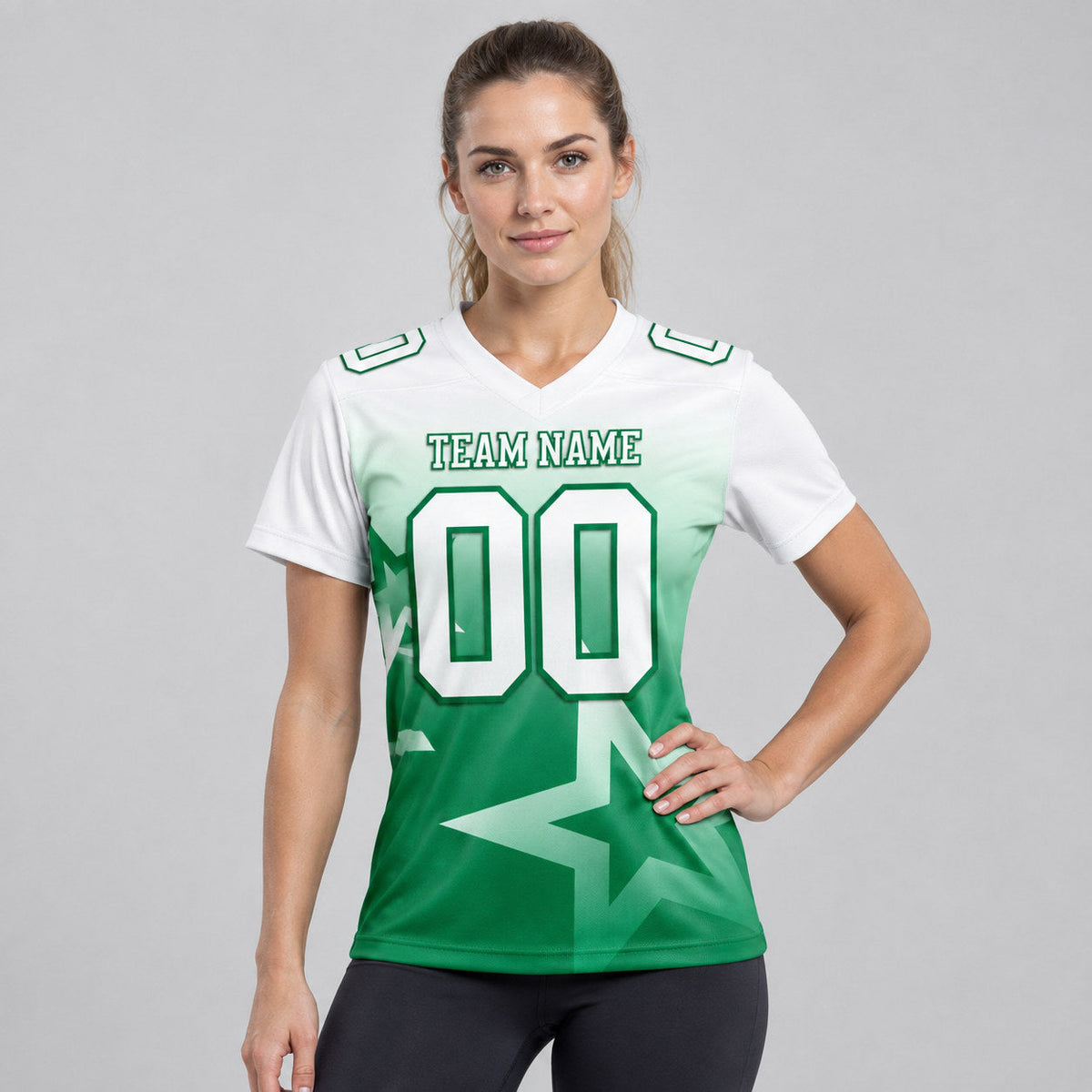 Custom White and Kelly Green Gradient Twinkle Star Authentic Football Jersey worn by female model