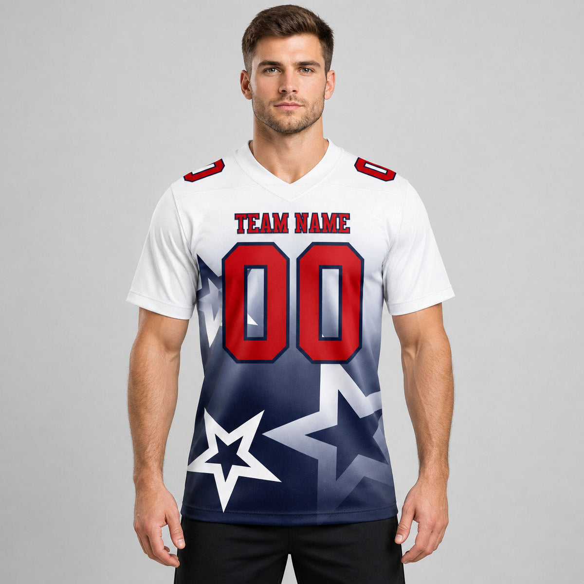 Custom White Gradient Twinkle Star Authentic Football Jersey with Red and Navy Lettering worn by male model