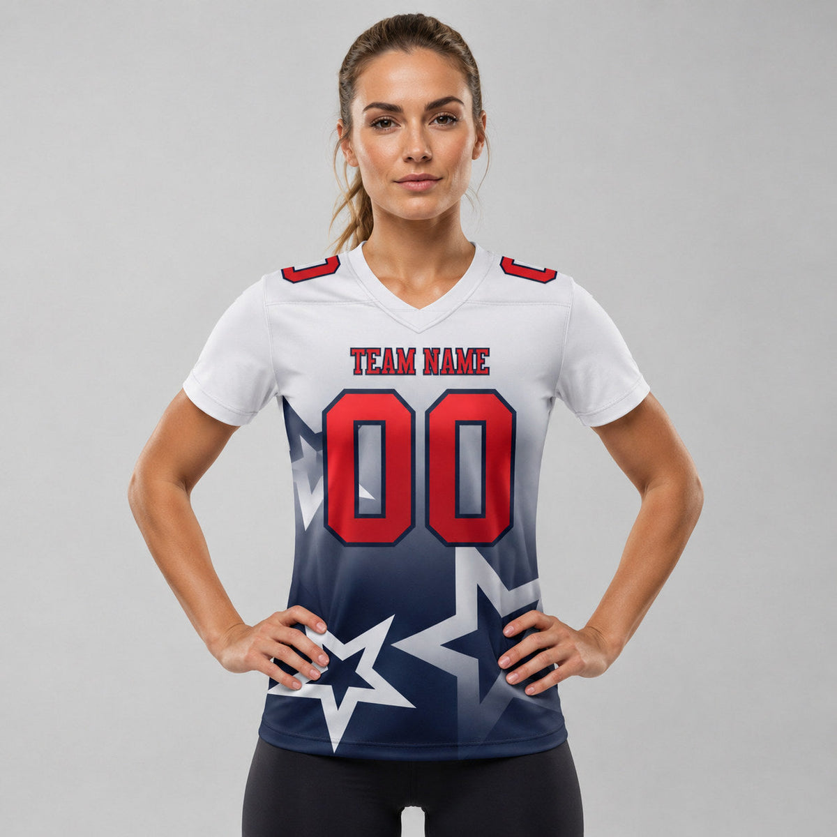 Custom White Gradient Twinkle Star Authentic Football Jersey with Red and Navy Lettering worn by female model