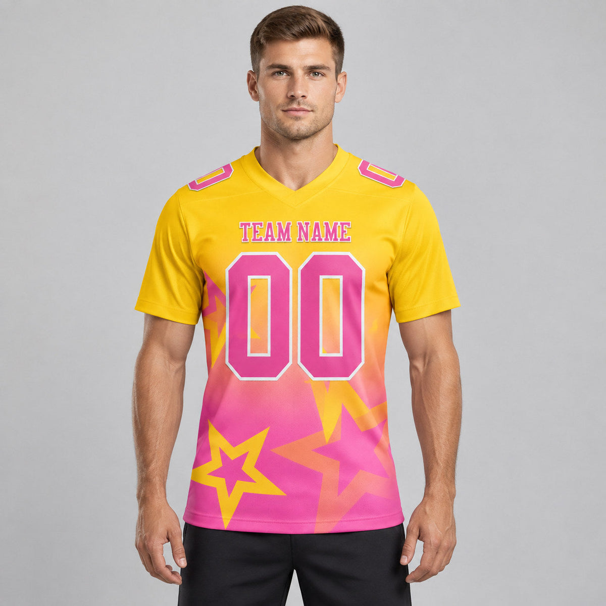 Custom Yellow Gradient Twinkle Star Authentic Football Jersey with Pink and White Lettering worn by male model