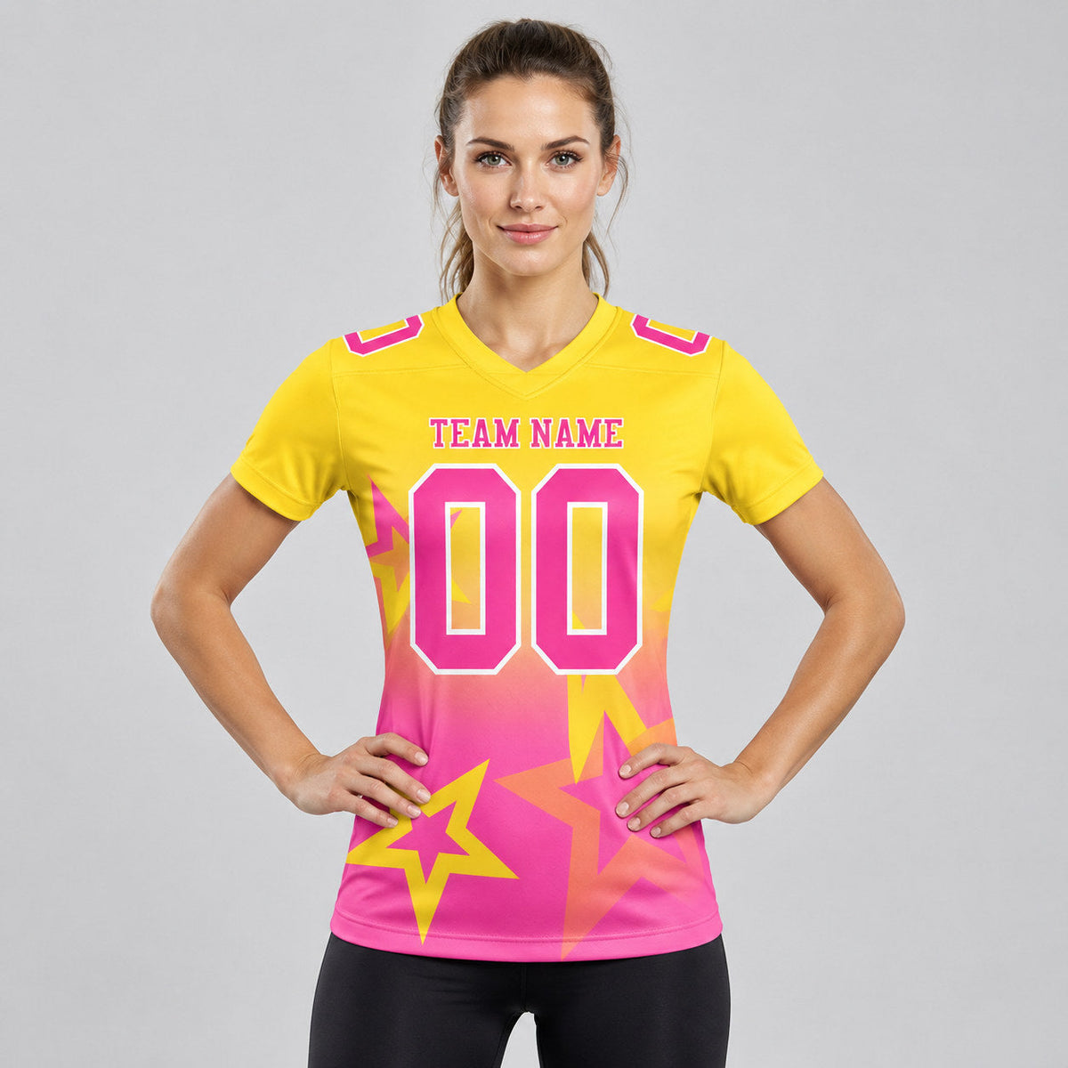Custom Yellow Gradient Twinkle Star Authentic Football Jersey with Pink and White Lettering worn by female model