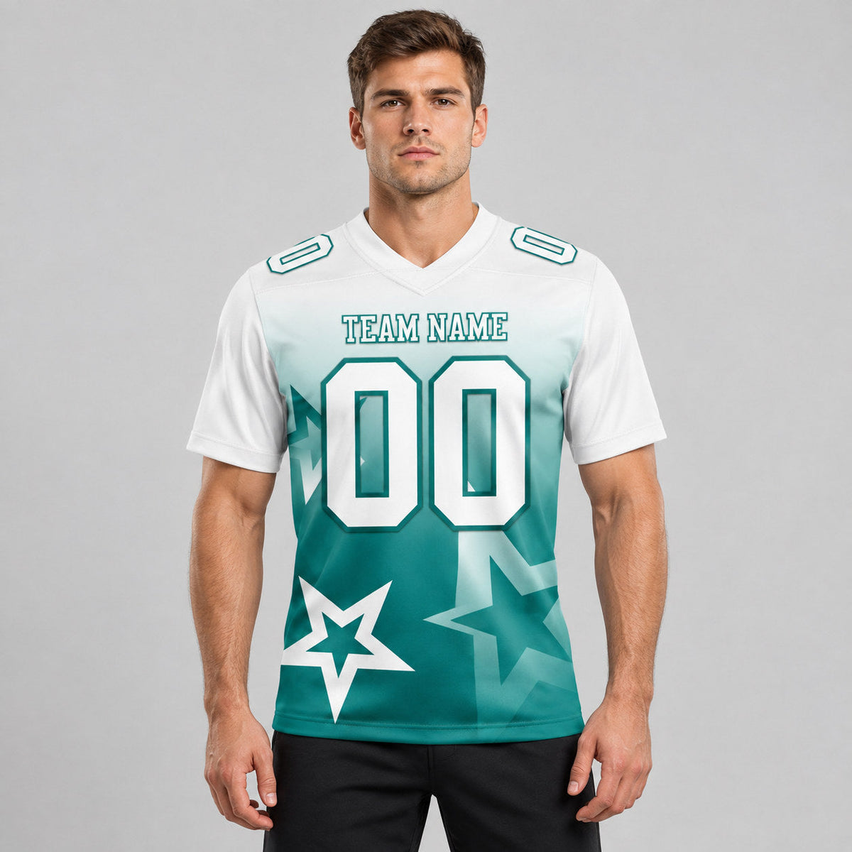 Custom White and Teal Gradient Twinkle Star Authentic Football Jersey worn by male model