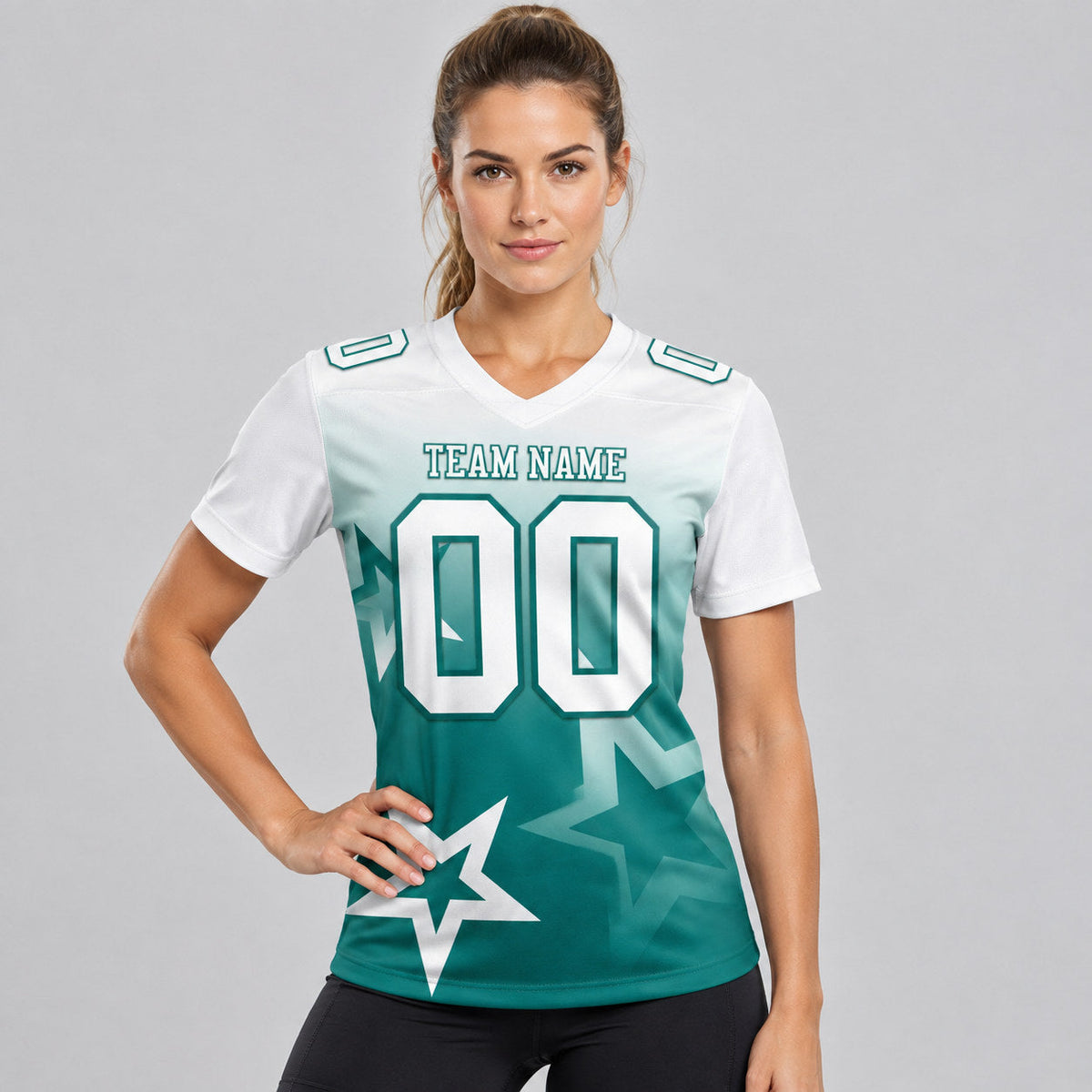 Custom White and Teal Gradient Twinkle Star Authentic Football Jersey worn by female model