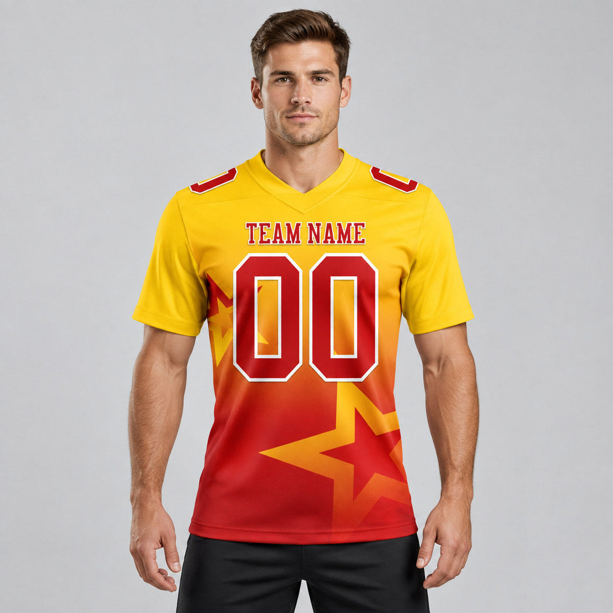 Custom Yellow Gradient Twinkle Star Authentic Football Jersey with Red and White Lettering worn by male model