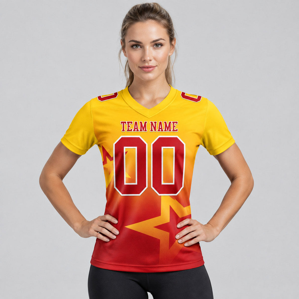 Custom Yellow Gradient Twinkle Star Authentic Football Jersey with Red and White Lettering worn by female model