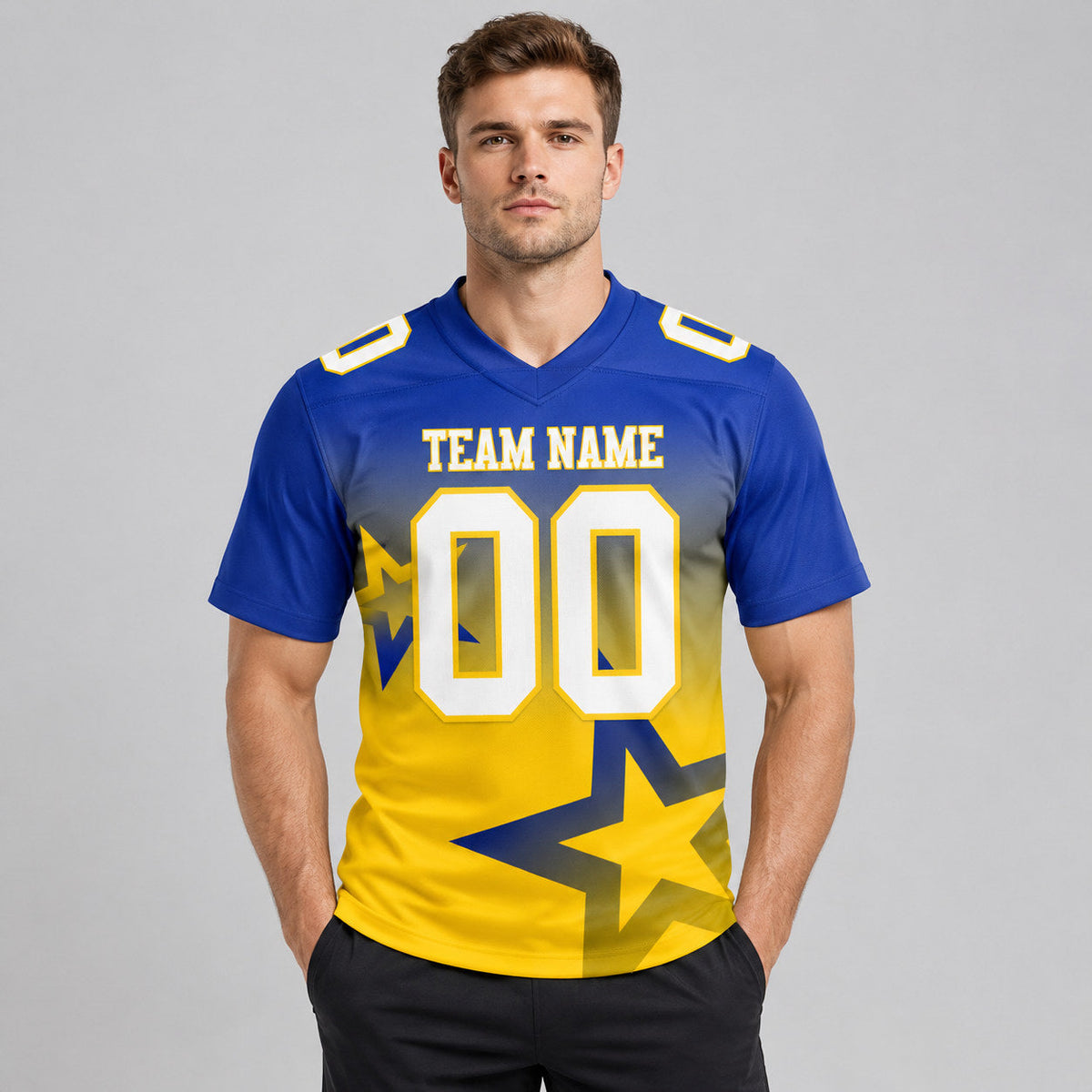 Custom Royal Gradient Twinkle Star Authentic Football Jersey with White and Yellow Lettering worn by male model