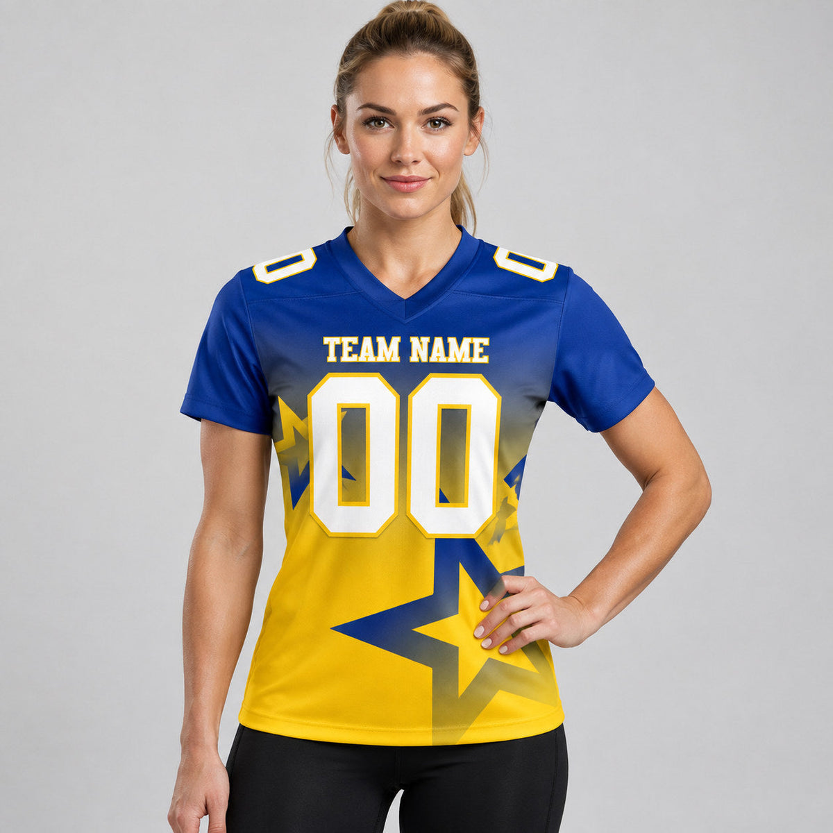 Custom Royal Gradient Twinkle Star Authentic Football Jersey with White and Yellow Lettering worn by female model