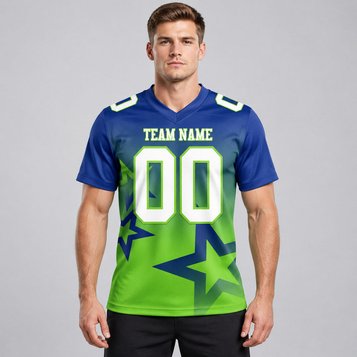 Custom Royal Gradient Twinkle Star Authentic Football Jersey with White and Neon Green Lettering worn by male model