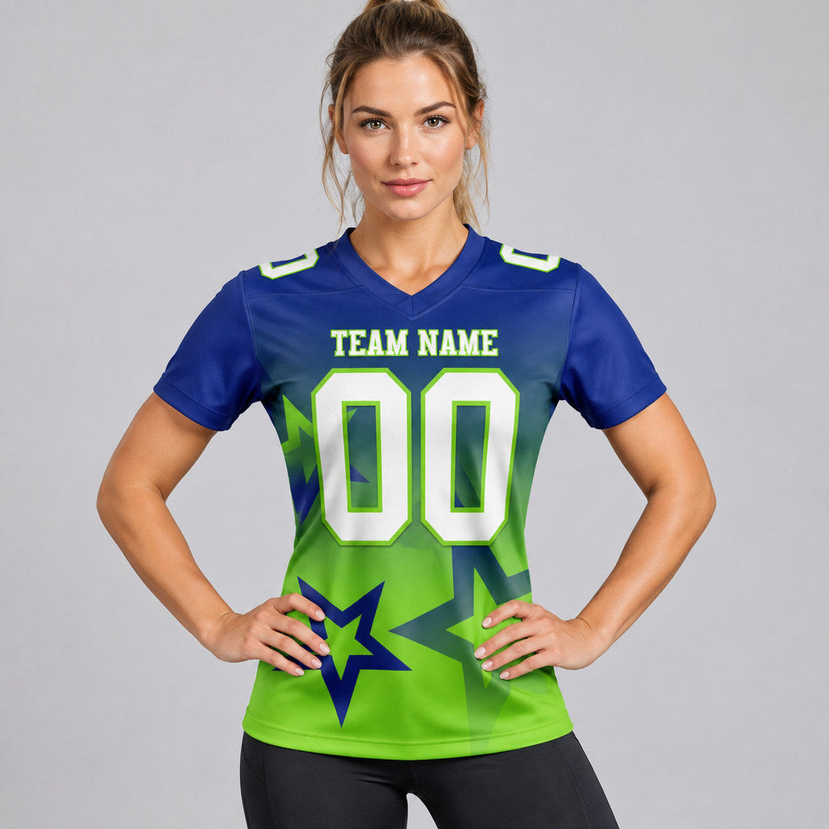 Custom Royal Gradient Twinkle Star Authentic Football Jersey with White and Neon Green Lettering worn by female model