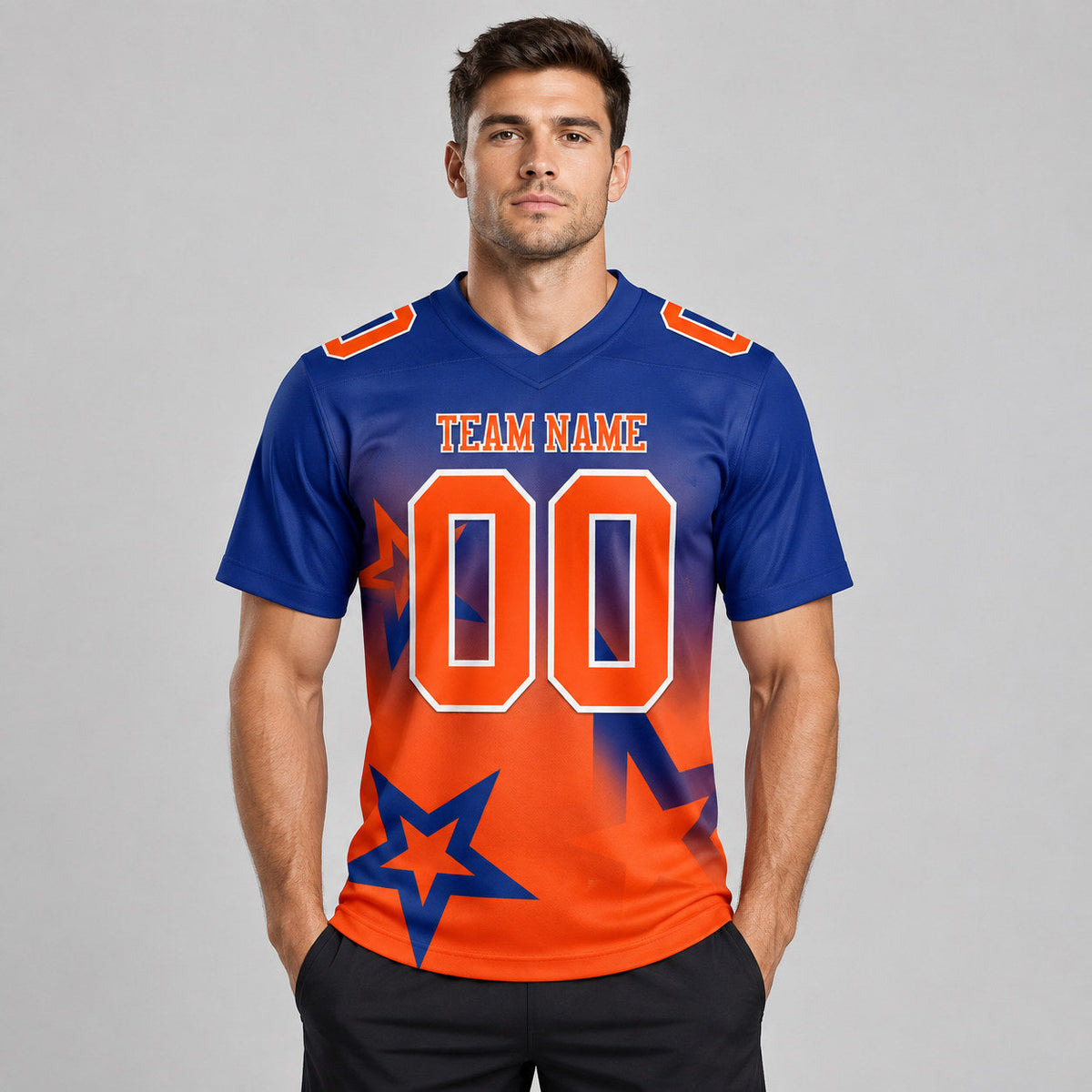 Custom Royal Gradient Twinkle Star Authentic Football Jersey with Orange and White Lettering worn by male model