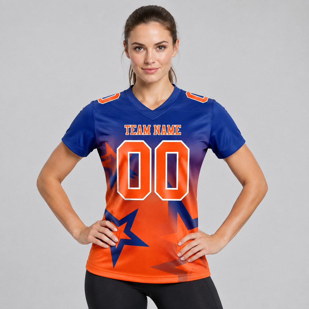 Custom Royal Gradient Twinkle Star Authentic Football Jersey with Orange and White Lettering worn by female model