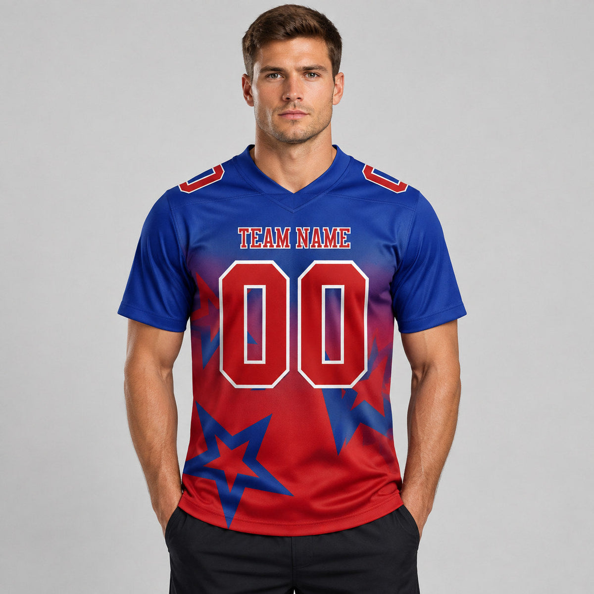 Custom Royal Gradient Twinkle Star Authentic Football Jersey with Red and White Lettering worn by male model