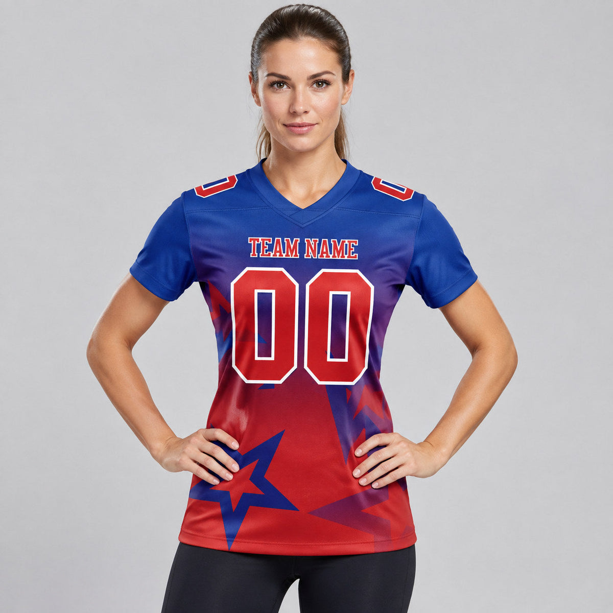 Custom Royal Gradient Twinkle Star Authentic Football Jersey with Red and White Lettering worn by female model
