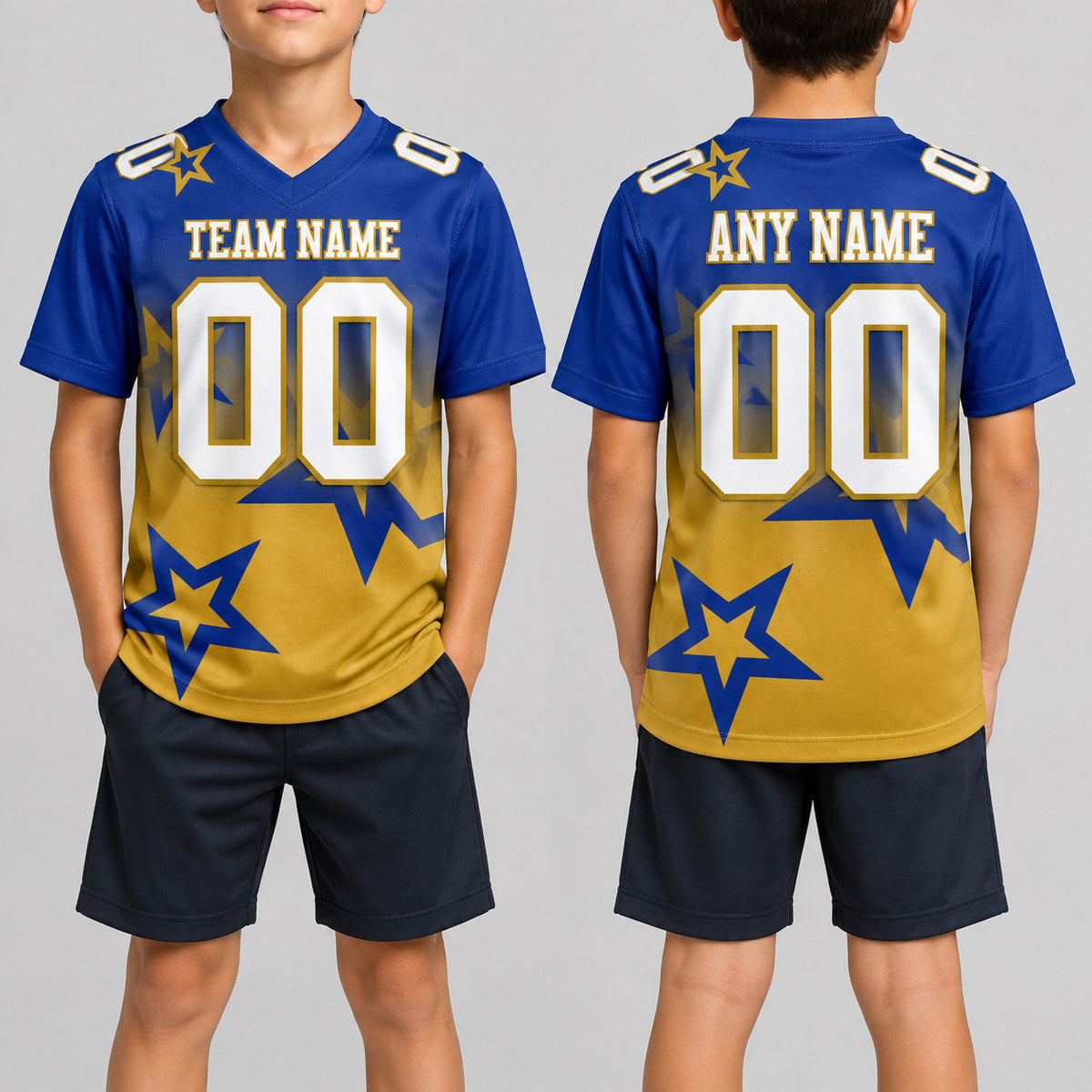 Custom Royal Gradient Twinkle Star Authentic Football Jersey with White and Old Gold Lettering youth size worn by child model