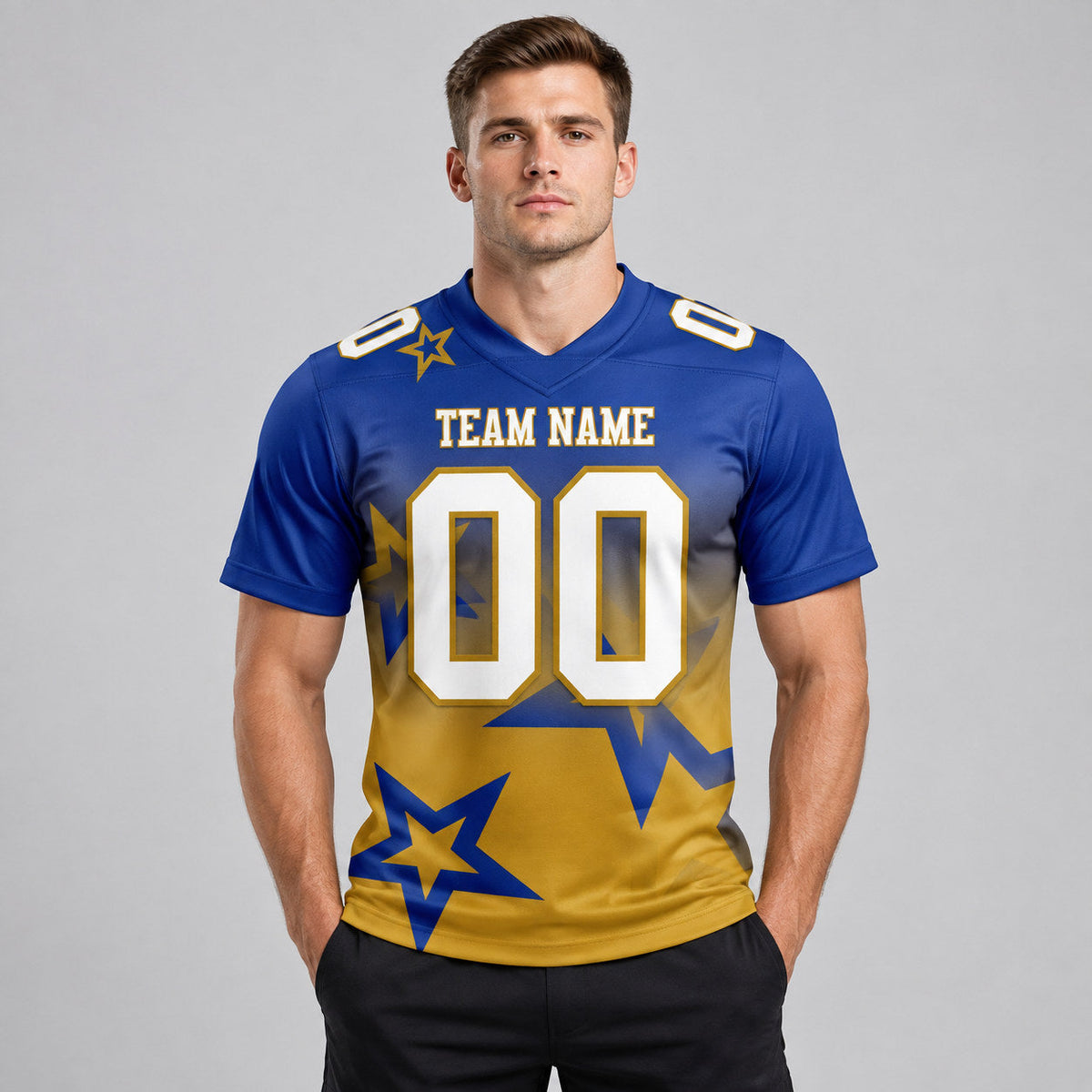 Custom Royal Gradient Twinkle Star Authentic Football Jersey with White and Old Gold Lettering worn by male model