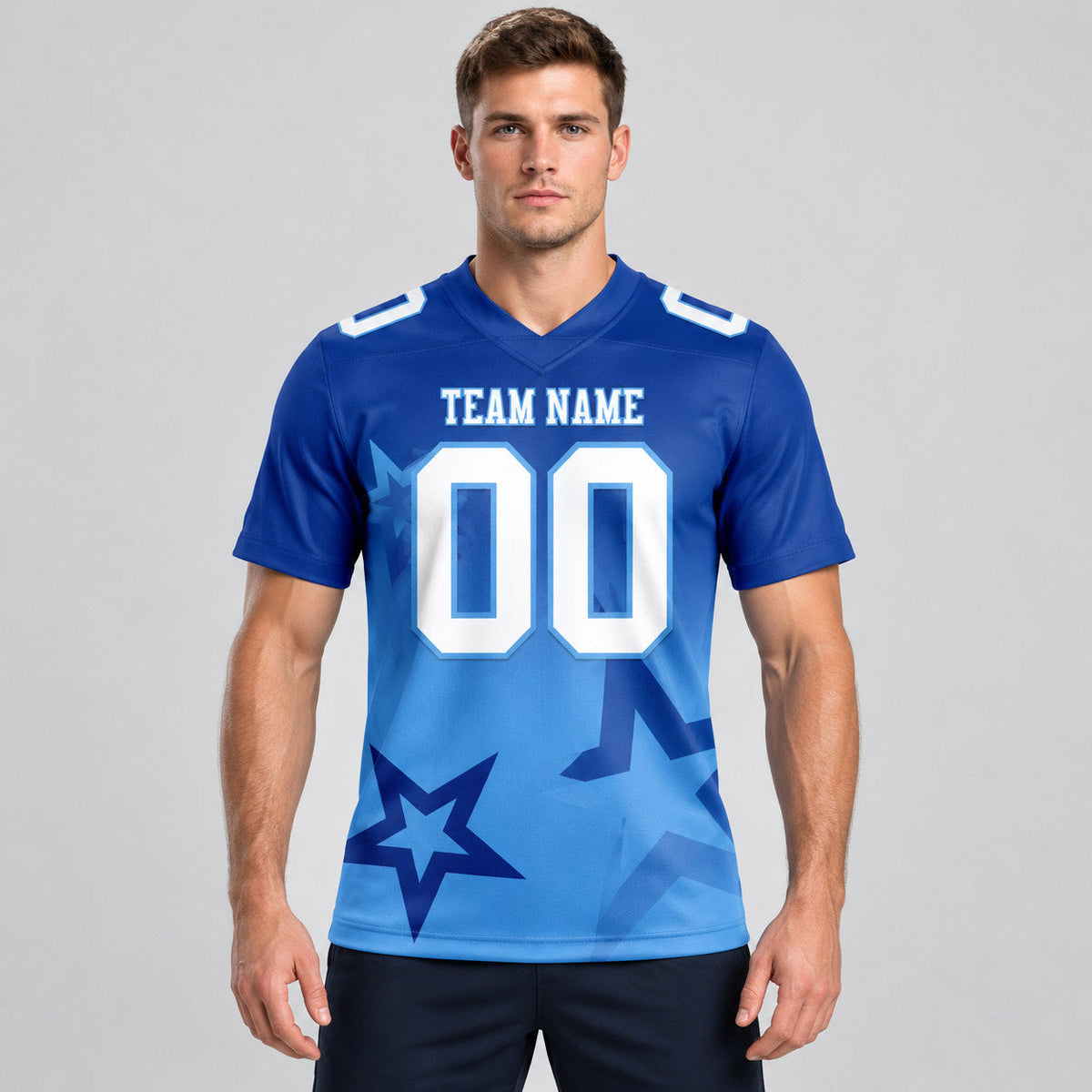 Custom Royal Gradient Twinkle Star Authentic Football Jersey with White and Light Blue Lettering worn by male model