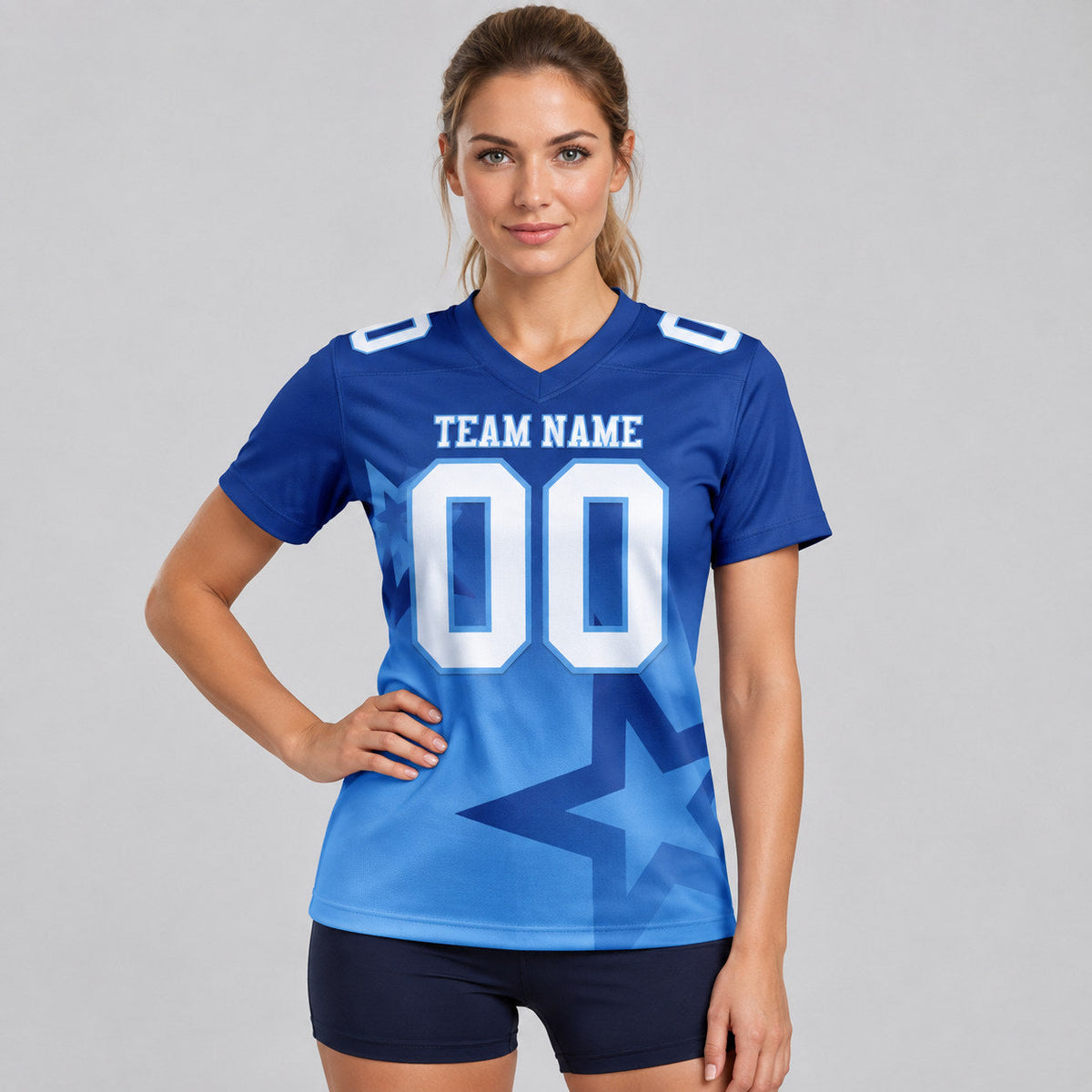 Custom Royal Gradient Twinkle Star Authentic Football Jersey with White and Light Blue Lettering worn by female model