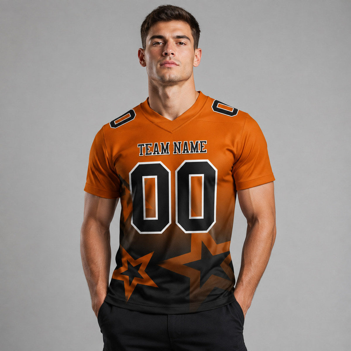 Custom Texas Orange Gradient Twinkle Star Authentic Football Jersey with Black and White Lettering worn by male model