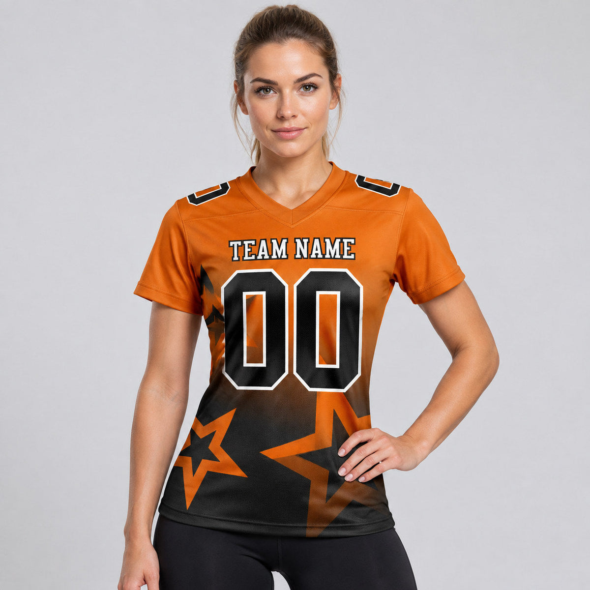 Custom Texas Orange Gradient Twinkle Star Authentic Football Jersey with Black and White Lettering worn by female model