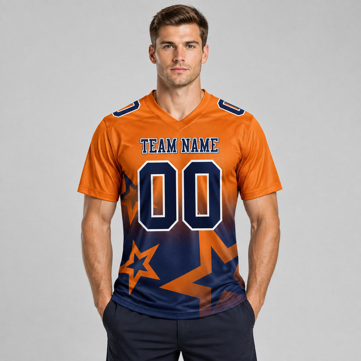 Custom Texas Orange Gradient Twinkle Star Authentic Football Jersey with Navy and White Lettering worn by male model