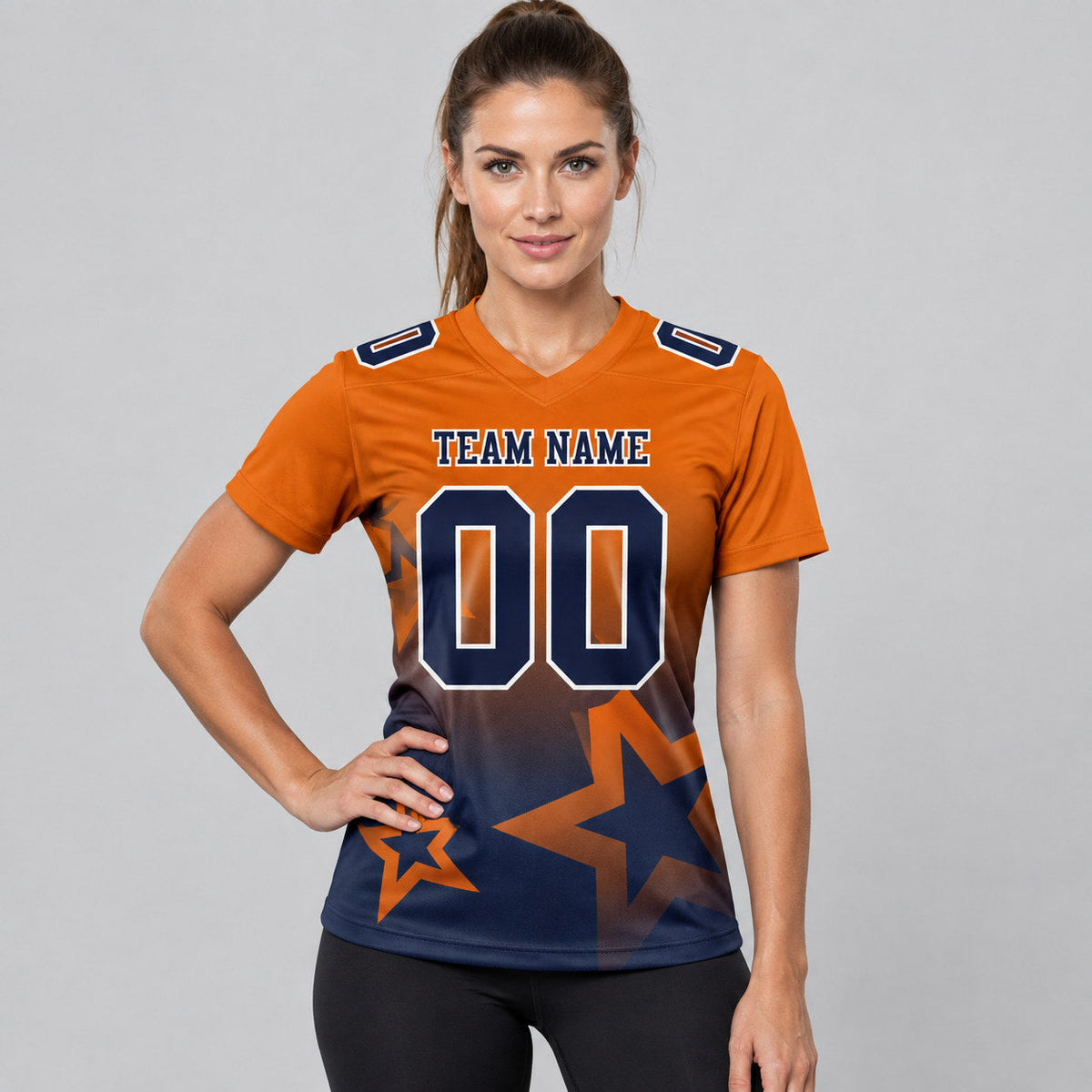 Custom Texas Orange Gradient Twinkle Star Authentic Football Jersey with Navy and White Lettering worn by female model
