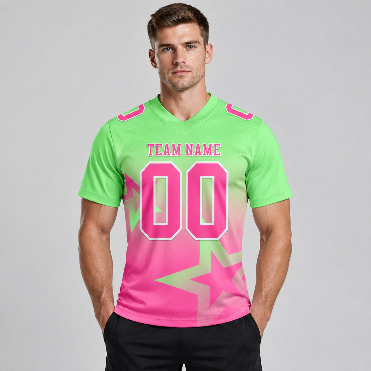 Custom Pea Green Gradient Twinkle Star Authentic Football Jersey with Pink and White Lettering worn by male model