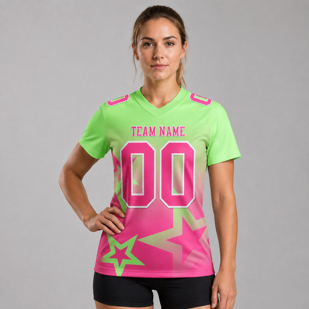 Custom Pea Green Gradient Twinkle Star Authentic Football Jersey with Pink and White Lettering worn by female model