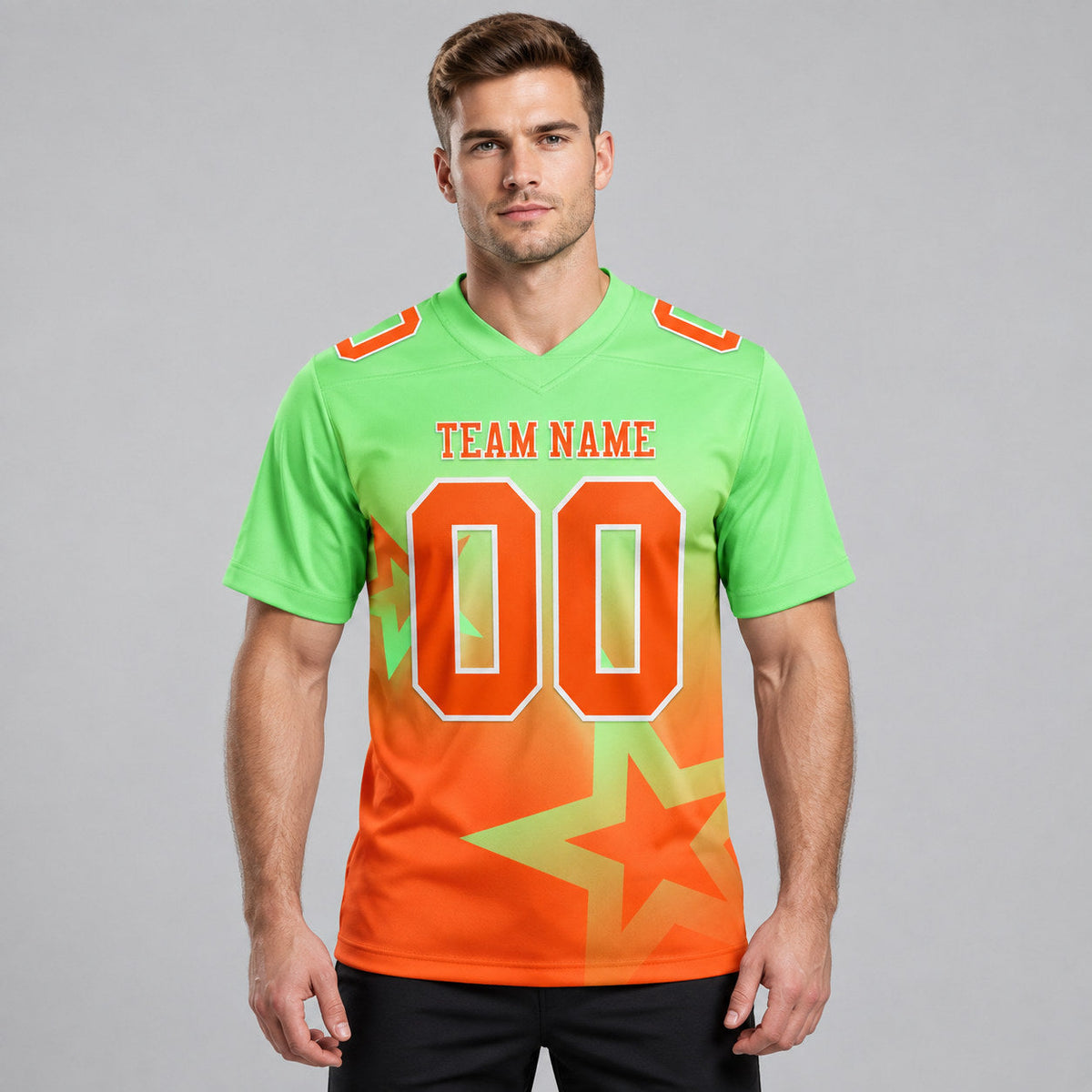Custom Pea Green Gradient Twinkle Star Authentic Football Jersey with Orange and White Lettering worn by male model