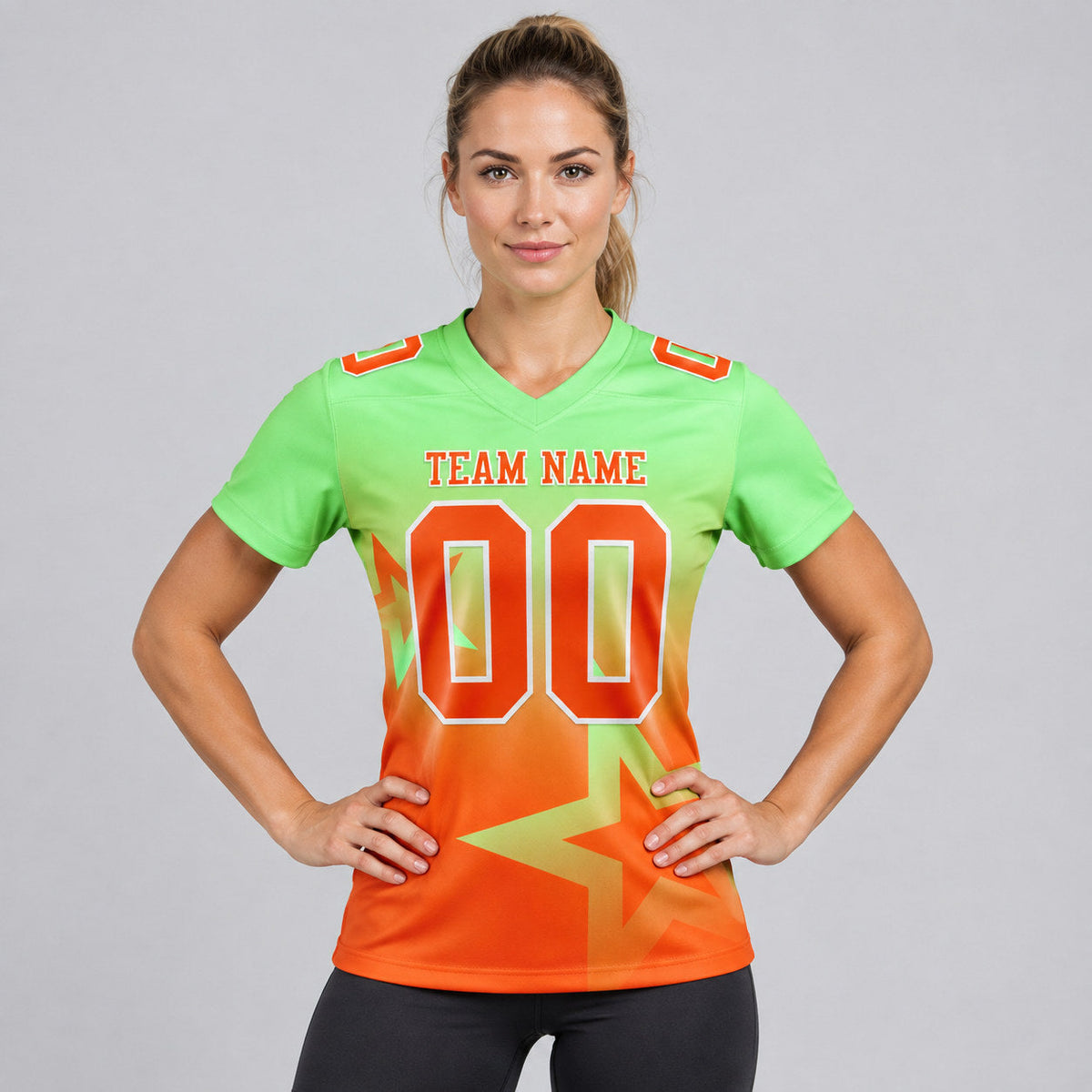 Custom Pea Green Gradient Twinkle Star Authentic Football Jersey with Orange and White Lettering worn by female model