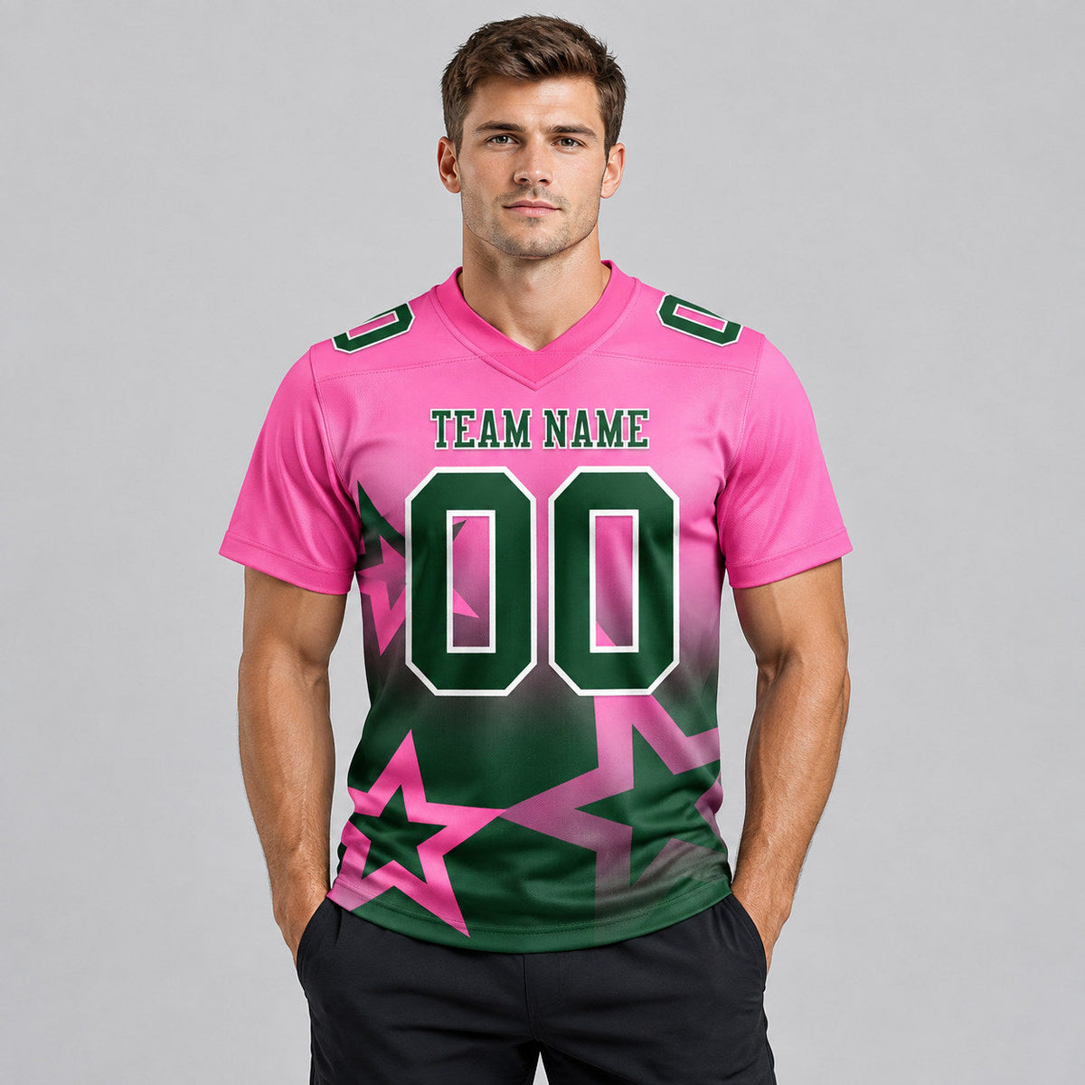 Custom Pink Gradient Twinkle Star Authentic Football Jersey with Green and White Lettering worn by male model