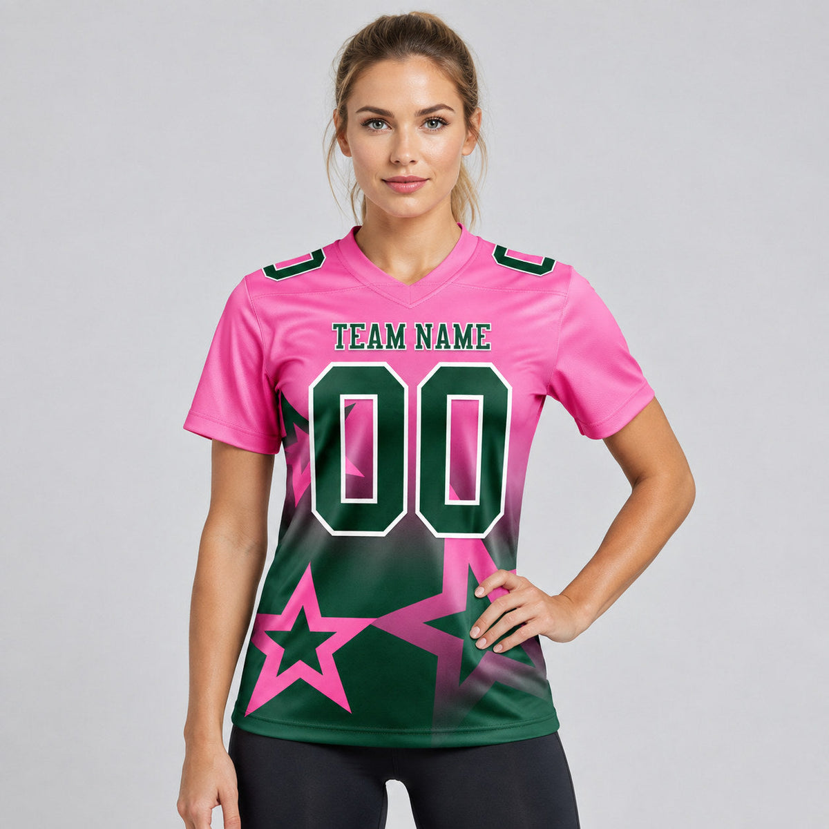 Custom Pink Gradient Twinkle Star Authentic Football Jersey with Green and White Lettering worn by female model