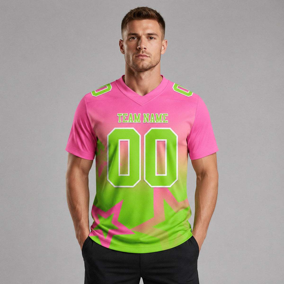 Custom Pink Gradient Twinkle Star Authentic Football Jersey with Neon Green and White Lettering worn by male model