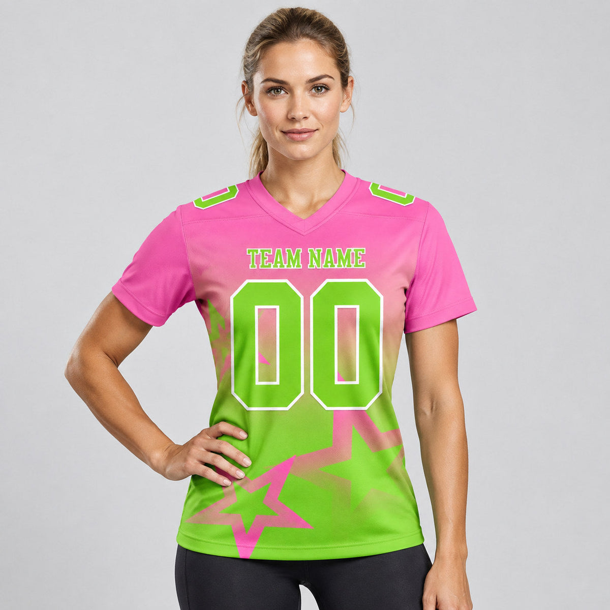 Custom Pink Gradient Twinkle Star Authentic Football Jersey with Neon Green and White Lettering worn by female model