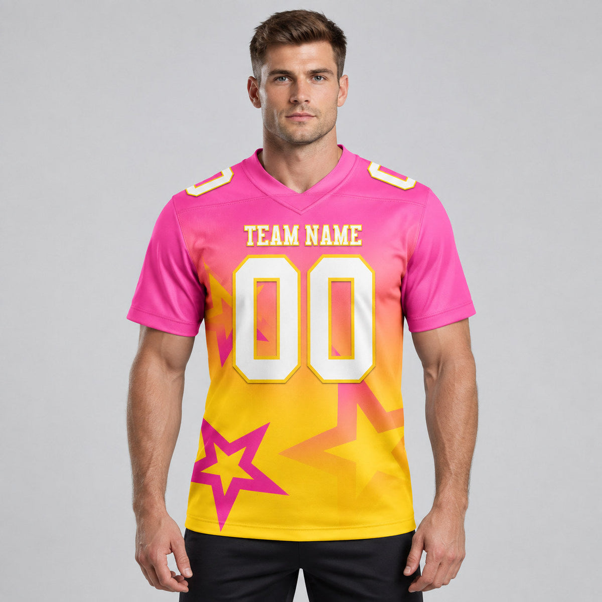 Custom Pink Gradient Twinkle Star Authentic Football Jersey with White and Yellow Lettering worn by male model
