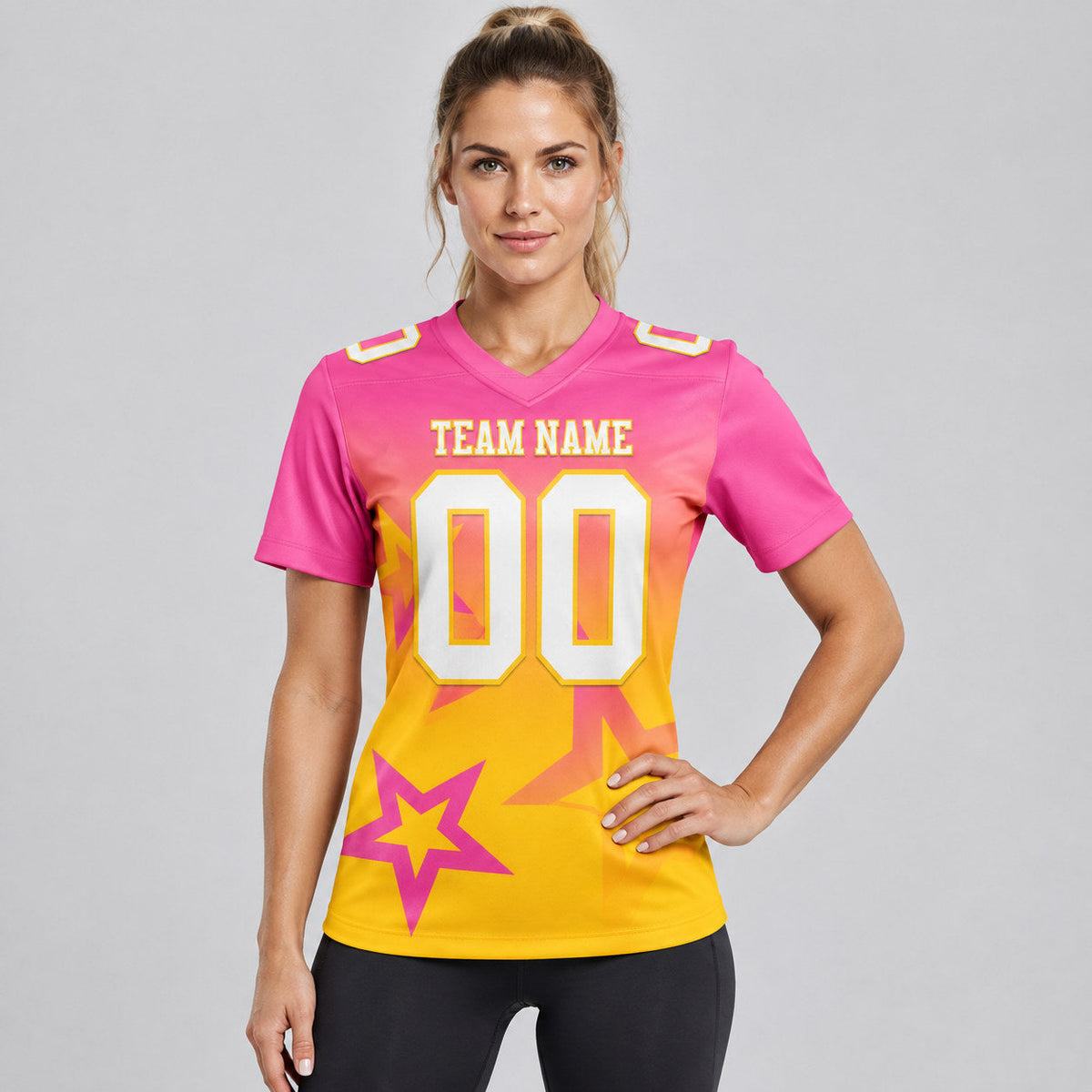 Custom Pink Gradient Twinkle Star Authentic Football Jersey with White and Yellow Lettering worn by female model