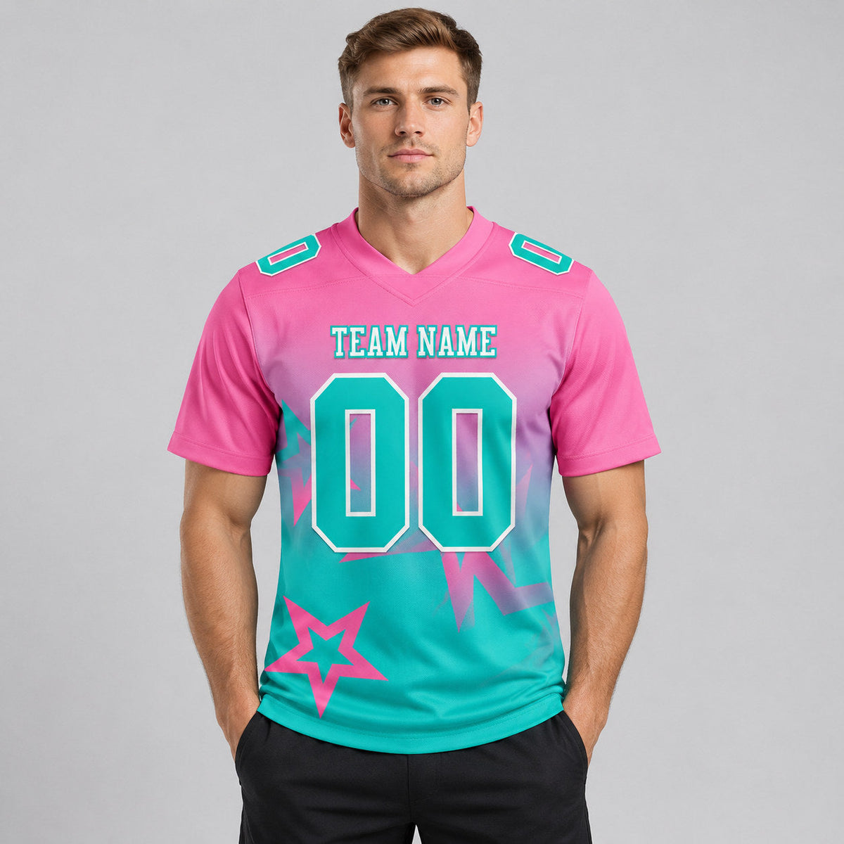 Custom Pink Gradient Twinkle Star Authentic Football Jersey with Aqua and White Lettering worn by male model